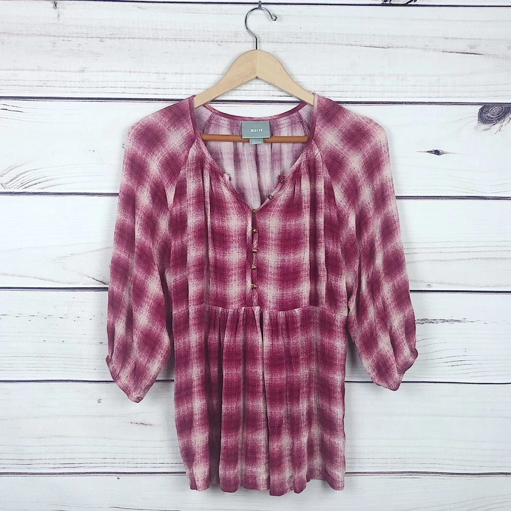 MAEVE Pink Plaid Peplum Shirt Boho Puff Sleeves